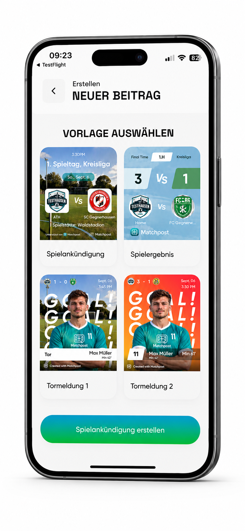 Matchpost App Screenshot Vorlagen auswählen